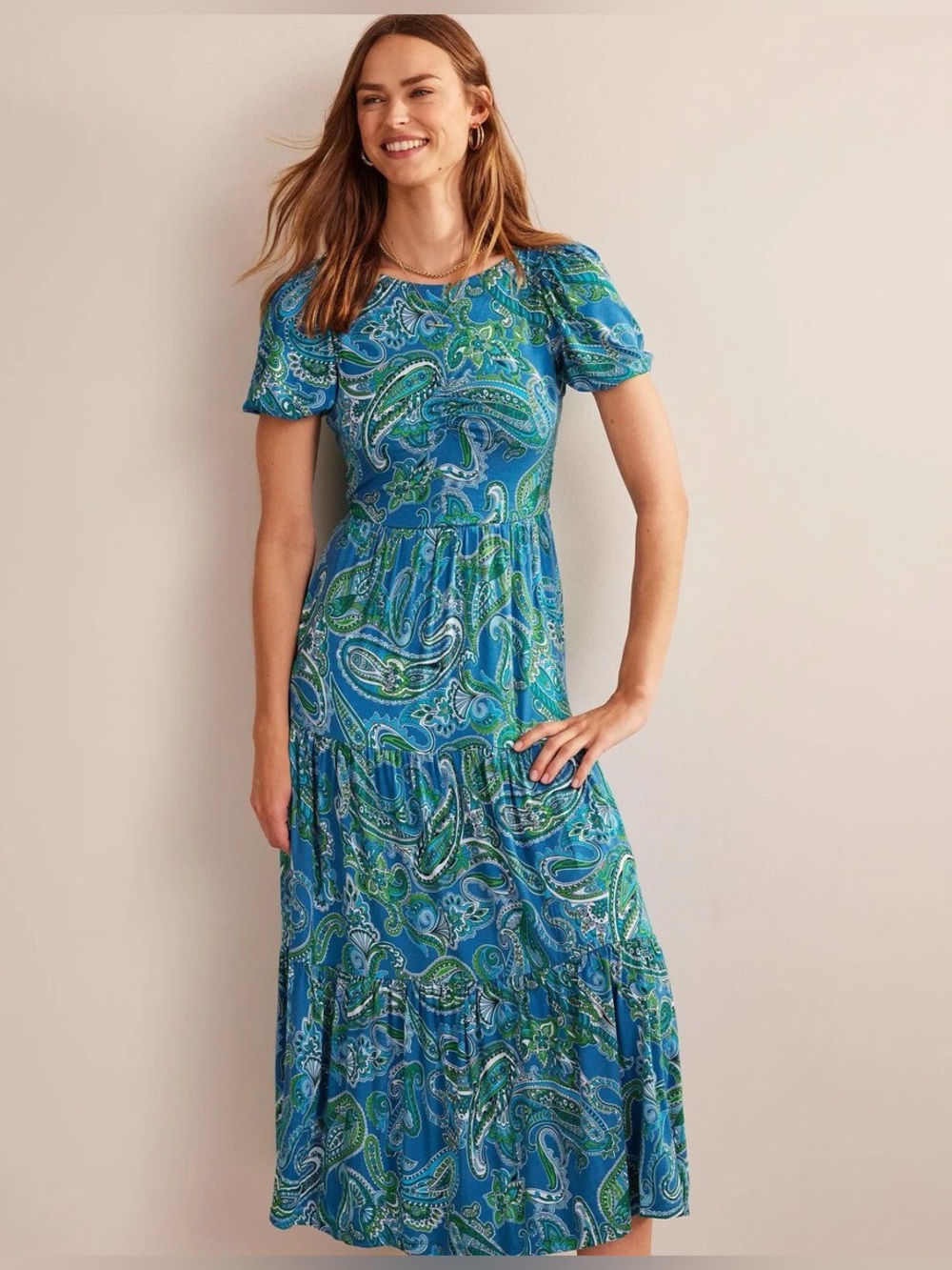 BODEN Blue Green Paisley Print Cutout-Back Jersey Maxi Dress Size 12R